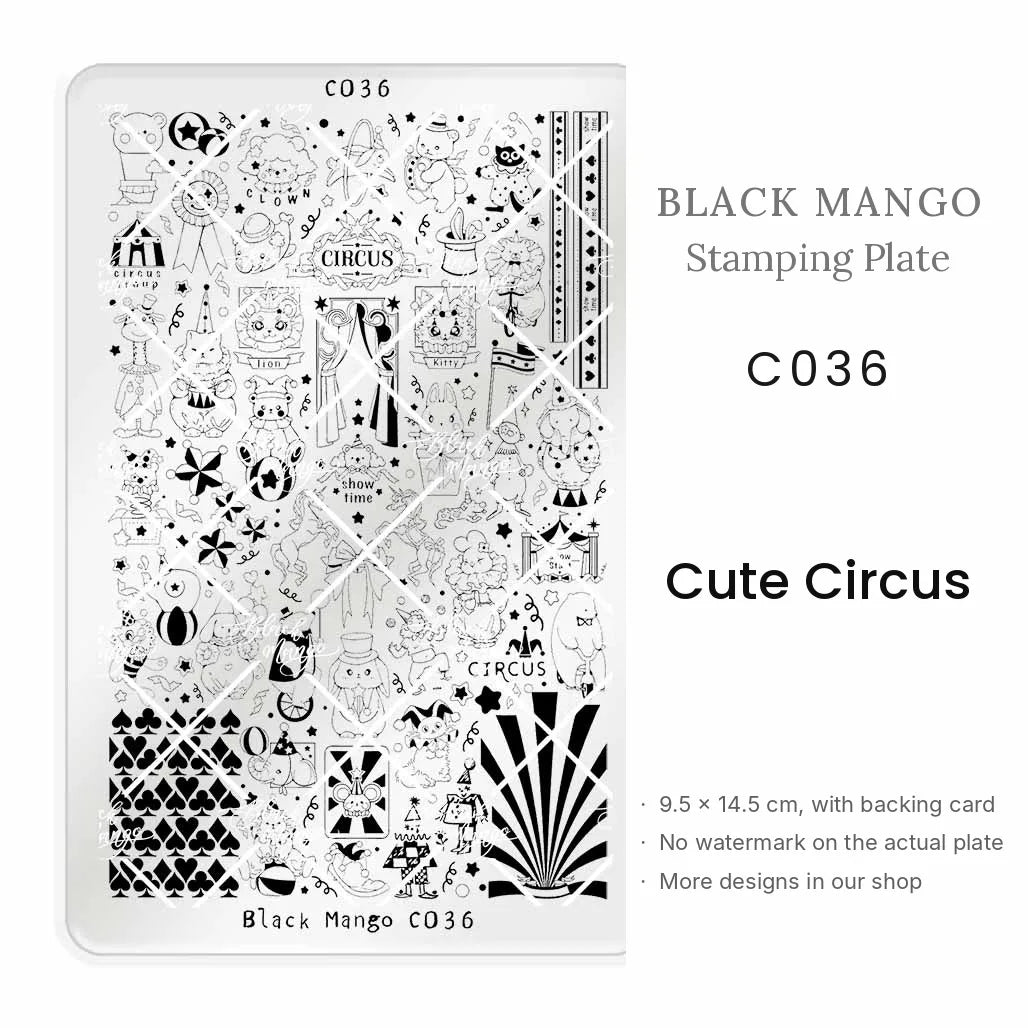Black Mango C036 Cute Circus nail stamping plate, 9.5 × 14.5 cm
