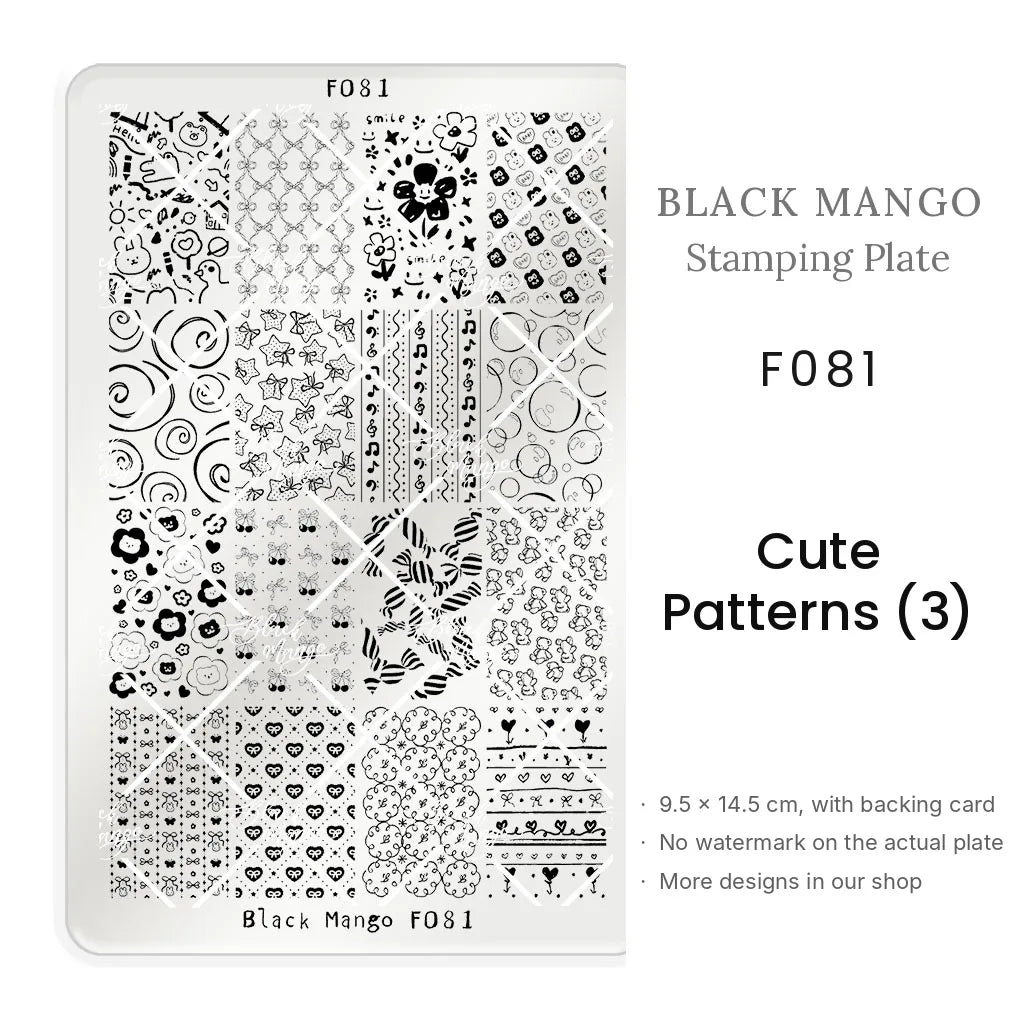 Black Mango F081 Cute Patterns (3) nail stamping plate, 9.5 × 14.5 cm
