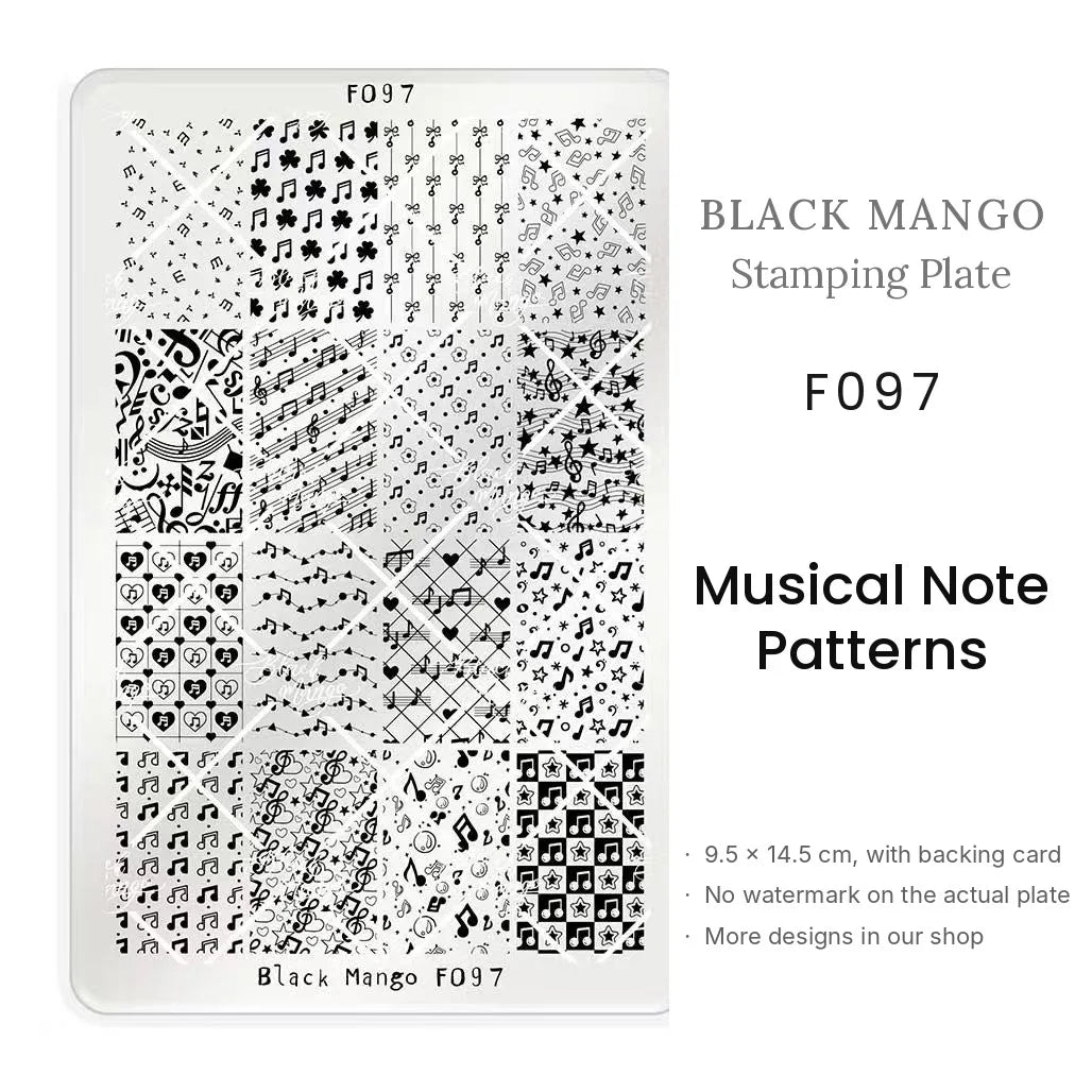 Black Mango F097 Musical Note Patterns nail stamping plate, 9.5 × 14.5 cm