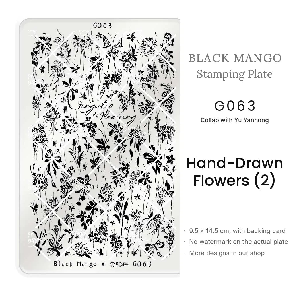 Black Mango G063 Hand-Drawn Flowers (2) nail stamping plate, 9.5 × 14.5 cm