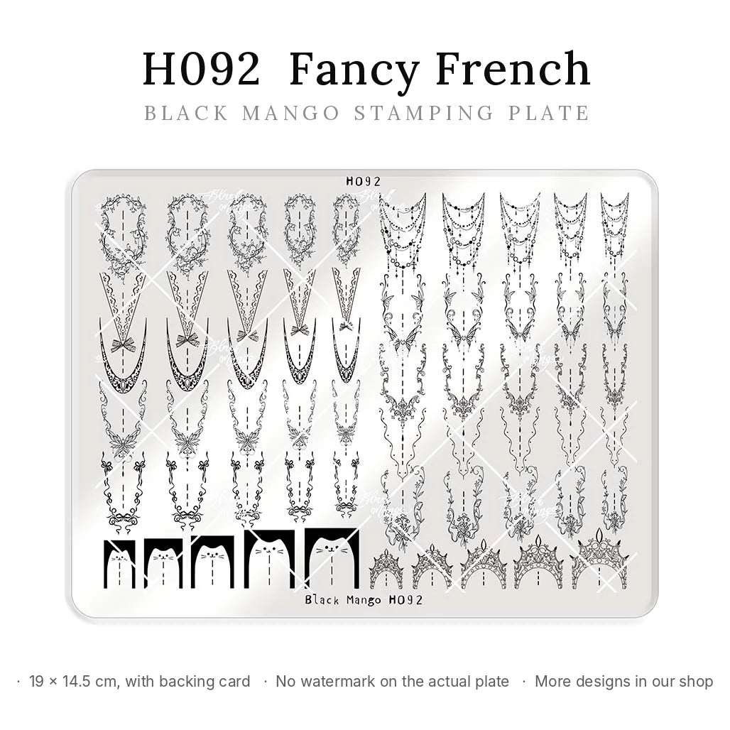Black Mango H092 Fancy French large nail stamping plate, 19 × 14.5 cm