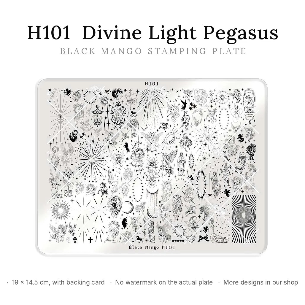 Black Mango H101 Divine Light Pegasus large nail stamping plate, 19 × 14.5 cm