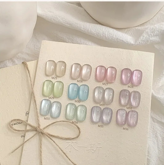 Karries Ice Jelly Cat Eye gel swatch card, shades M25-M36