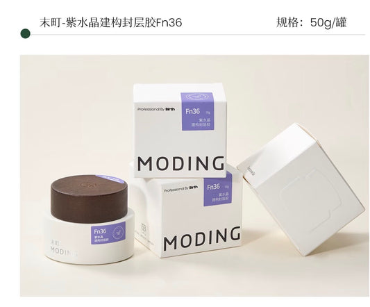 MODING Fn36 Amethyst Crystal Builder Top Gel 50g jar and packaging