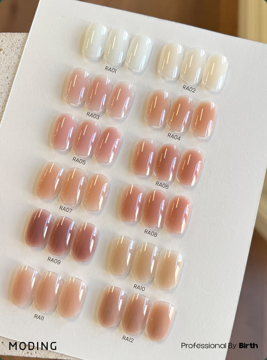 MODING RA01 through RA12 builder base nail swatches
