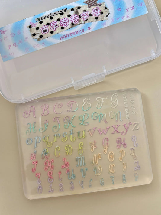 MOOER BMS Curly Alphabet silicone mold with its clear storage case