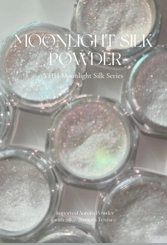 YHH Moonlight Silk Powder: open jars of iridescent chrome powder