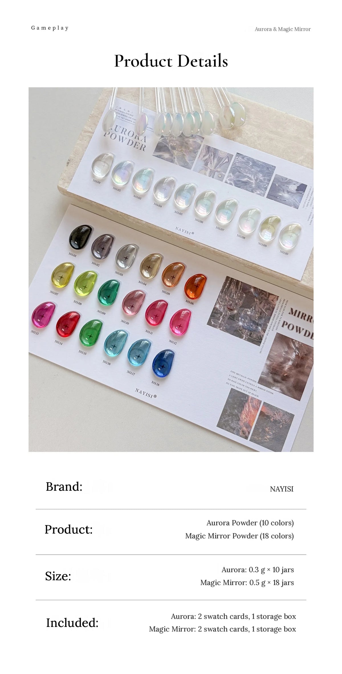 Chrome powder product details: Aurora 0.3 g × 10 jars, Magic Mirror 0.5 g × 18 jars