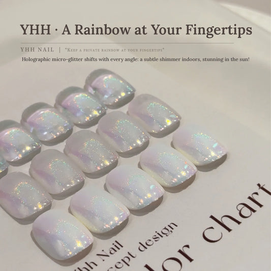 Holographic rainbow shimmer on square tips that shifts with the light