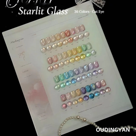 Starlit Glass 36-color cat eye swatch board, shades 001 to 036