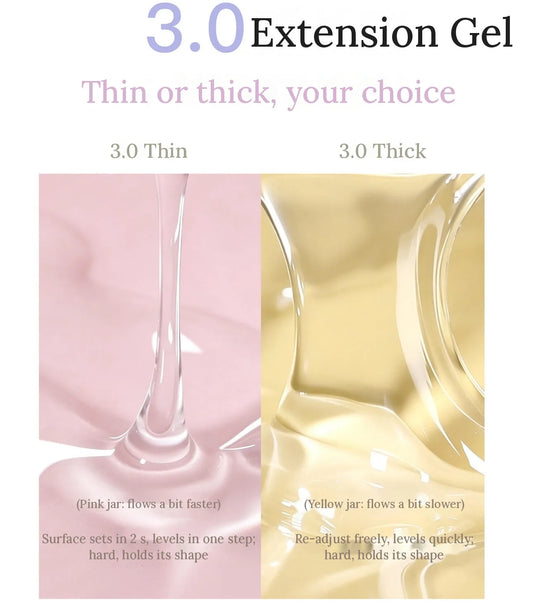 TAYE 3.0 extension gel thin (pink jar) and thick (yellow jar) flow comparison