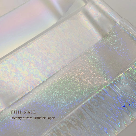 Close-up of YHH aurora transfer foil strips with holographic sparkle and shimmer patterns
