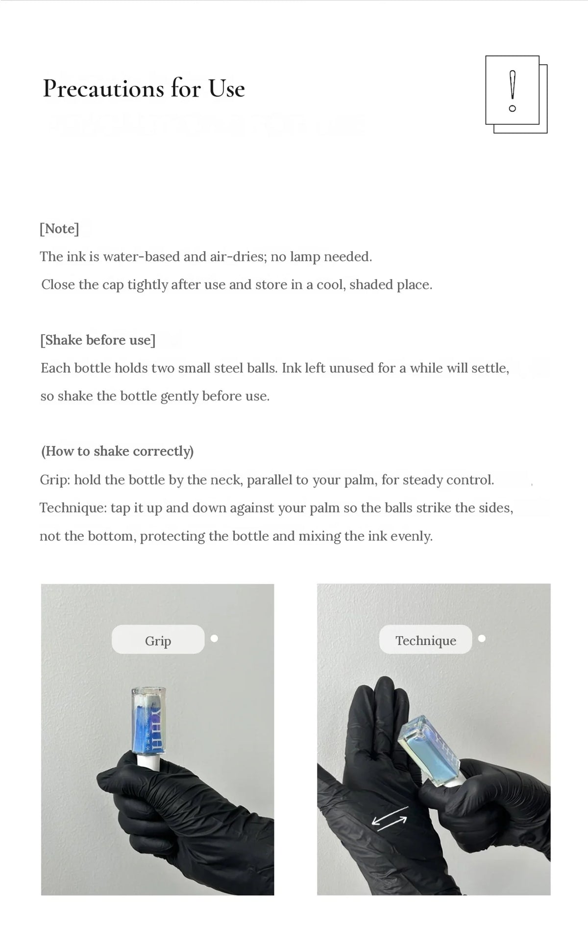 YHH blending ink precautions card