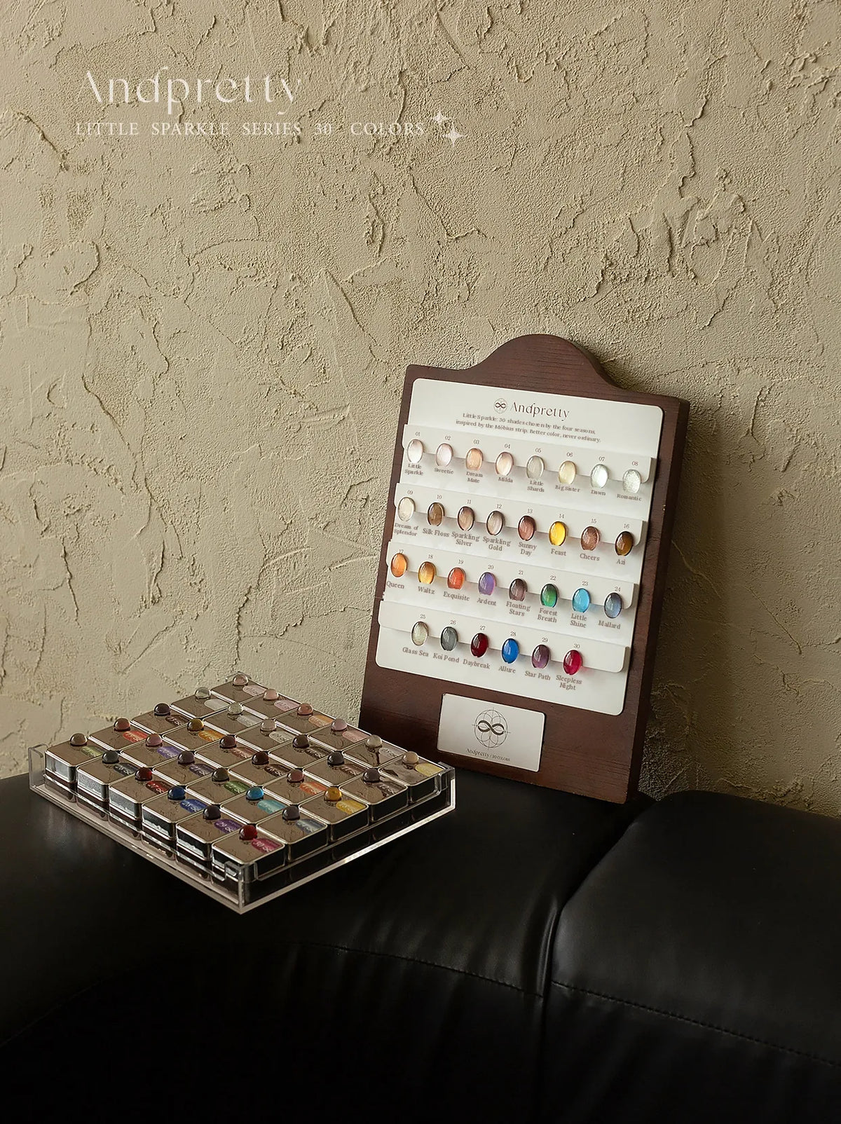 Andpretty Little Sparkle 30-color cat eye gel full set: 30 jars in a tray beside the named shade board