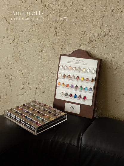 Andpretty Little Sparkle 30-color cat eye gel full set: 30 jars in a tray beside the named shade board
