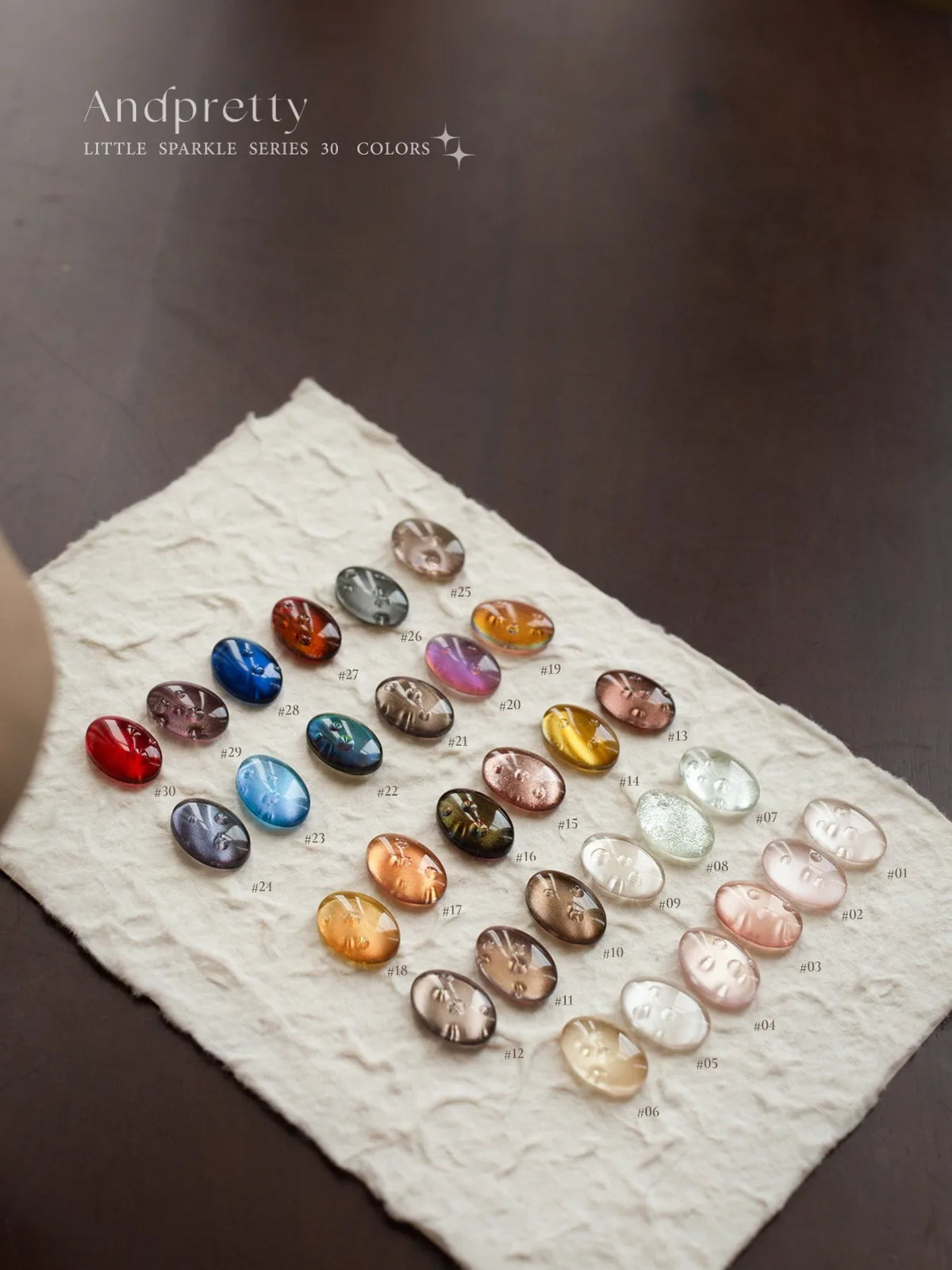 All 30 Little Sparkle cat eye shades, #01 to #30, as gel swatches on paper