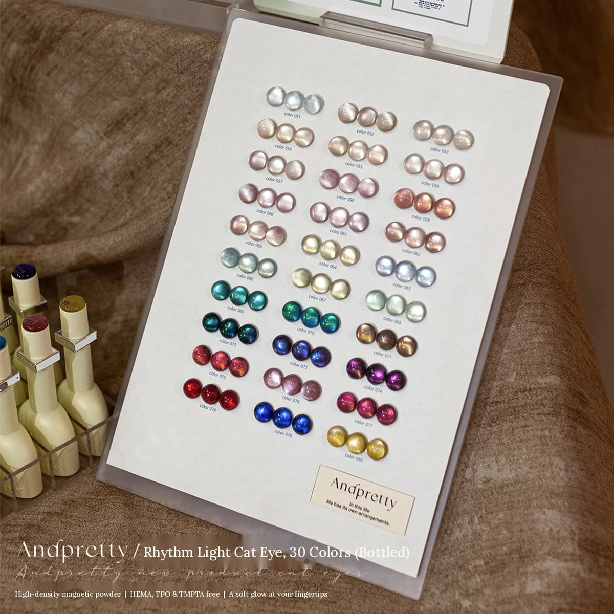 Rhythm Light bottled cat eye gel swatch board, color 051 to color 080