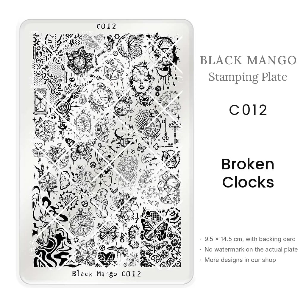 Black Mango C012 Broken Clocks nail stamping plate, 9.5 × 14.5 cm