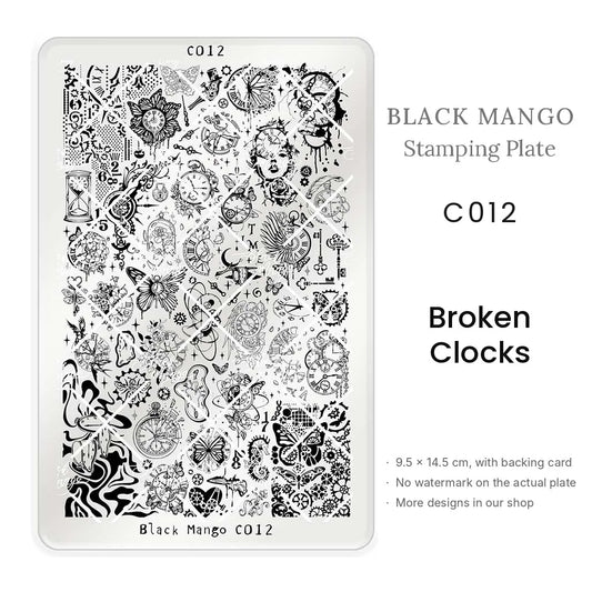 Black Mango C012 Broken Clocks nail stamping plate, 9.5 × 14.5 cm