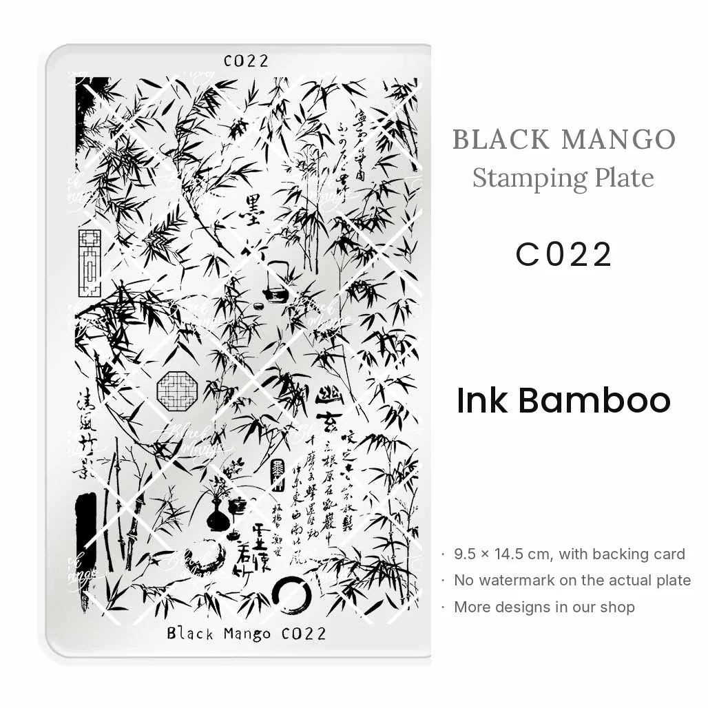 Black Mango C022 Ink Bamboo nail stamping plate, 9.5 × 14.5 cm
