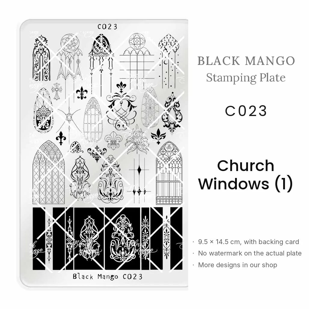 Black Mango C023 Church Windows (1) nail stamping plate, 9.5 × 14.5 cm