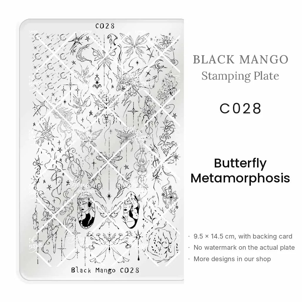 Black Mango C028 Butterfly Metamorphosis nail stamping plate, 9.5 × 14.5 cm