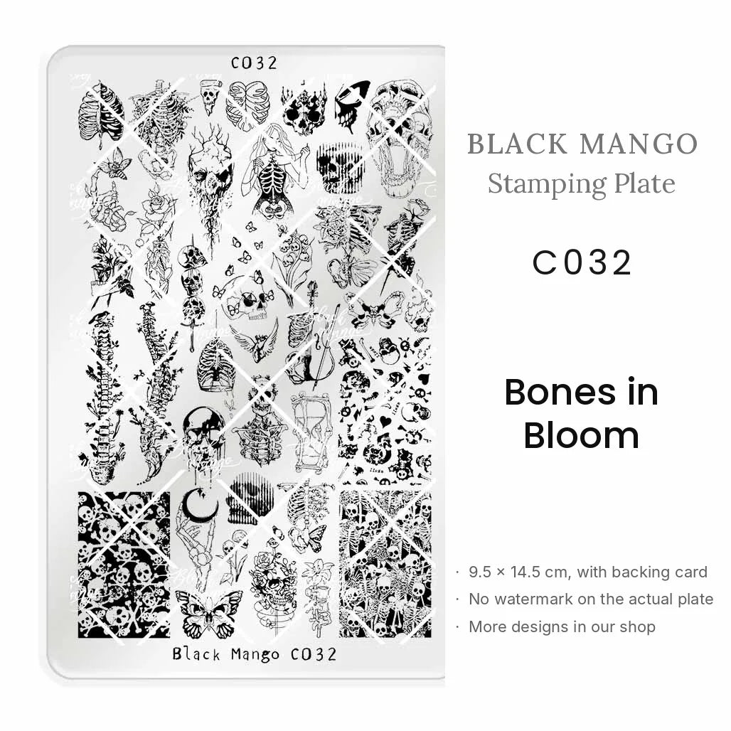 Black Mango C032 Bones in Bloom nail stamping plate, 9.5 × 14.5 cm
