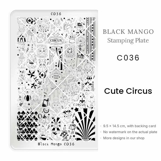 Black Mango C036 Cute Circus nail stamping plate, 9.5 × 14.5 cm
