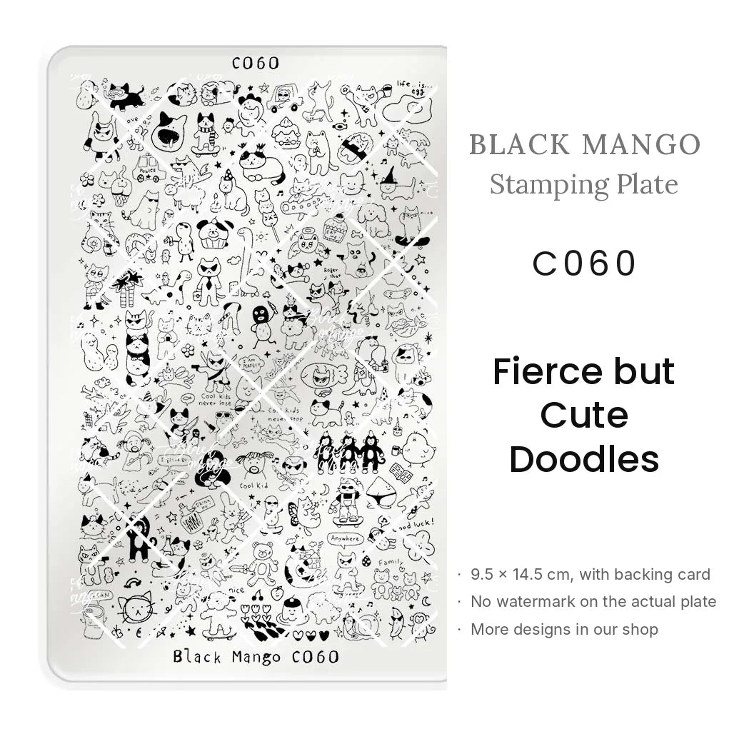 Black Mango C060 Fierce but Cute Doodles nail stamping plate, 9.5 × 14.5 cm