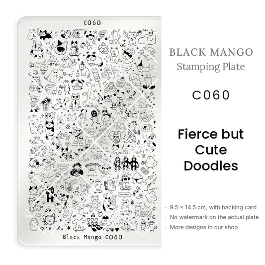 Black Mango C060 Fierce but Cute Doodles nail stamping plate, 9.5 × 14.5 cm