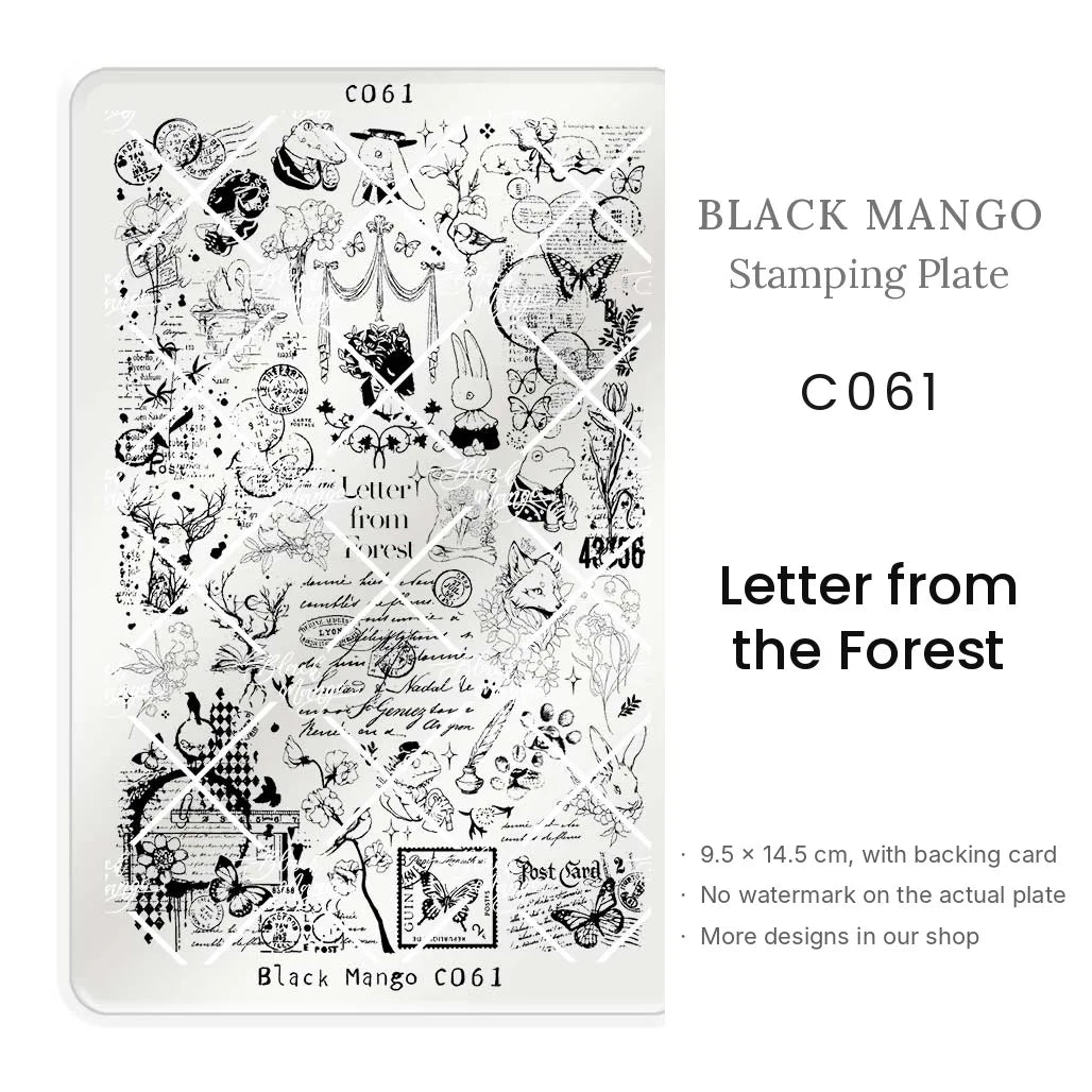 Black Mango C061 Letter from the Forest nail stamping plate, 9.5 × 14.5 cm