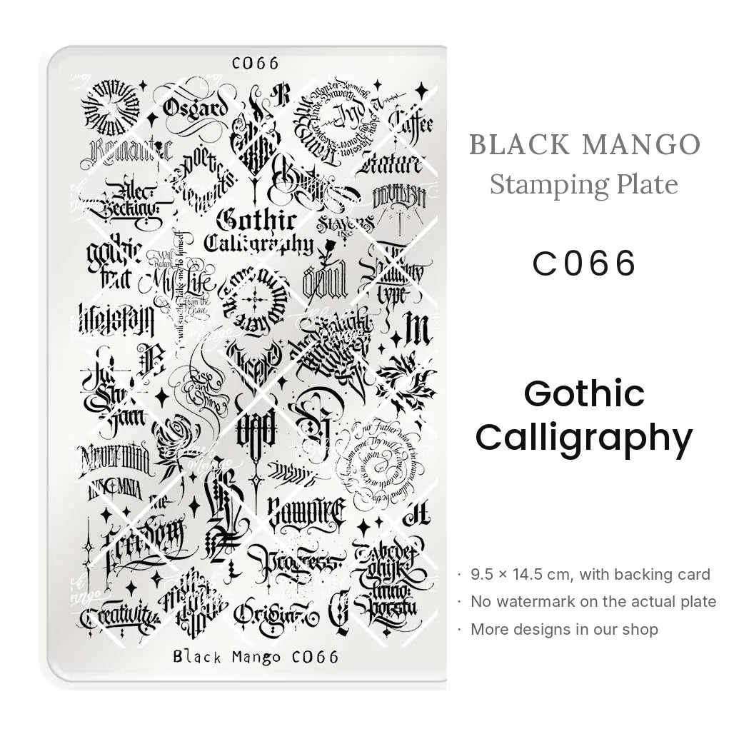 Black Mango C066 Gothic Calligraphy nail stamping plate, 9.5 × 14.5 cm