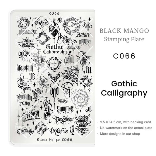 Black Mango C066 Gothic Calligraphy nail stamping plate, 9.5 × 14.5 cm