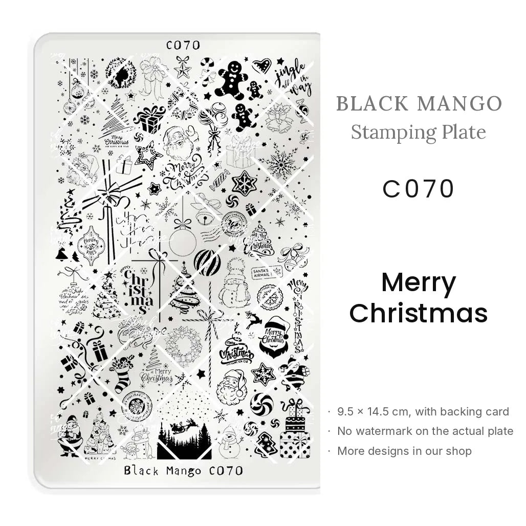 Black Mango C070 Merry Christmas nail stamping plate, 9.5 × 14.5 cm