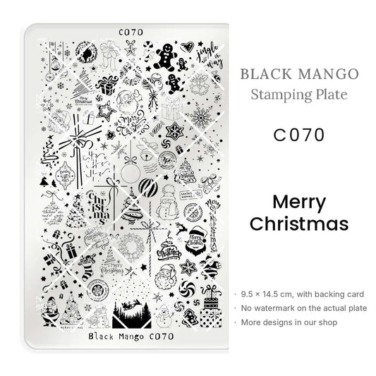 Black Mango C070 Merry Christmas nail stamping plate, 9.5 × 14.5 cm