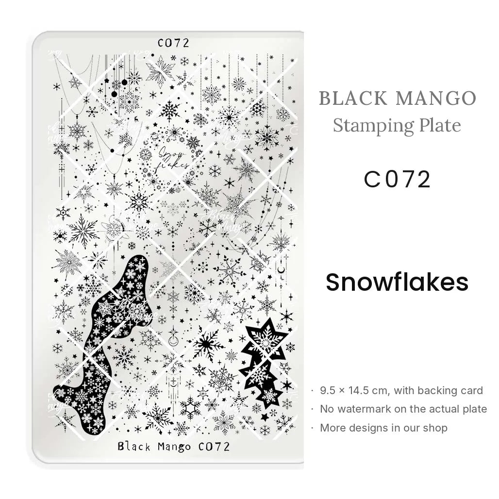 Black Mango C072 Snowflakes nail stamping plate, 9.5 × 14.5 cm