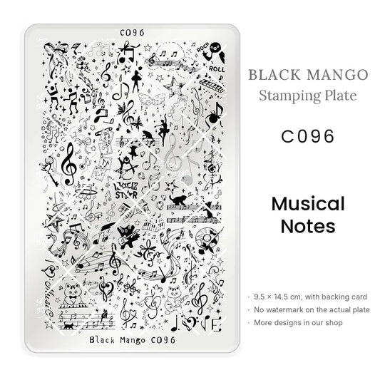 Black Mango C096 Musical Notes nail stamping plate, 9.5 × 14.5 cm