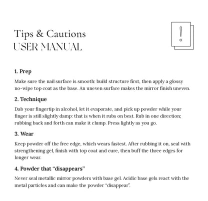 Tips and cautions for chrome powder, including sealing with strengthening gel, not base gel