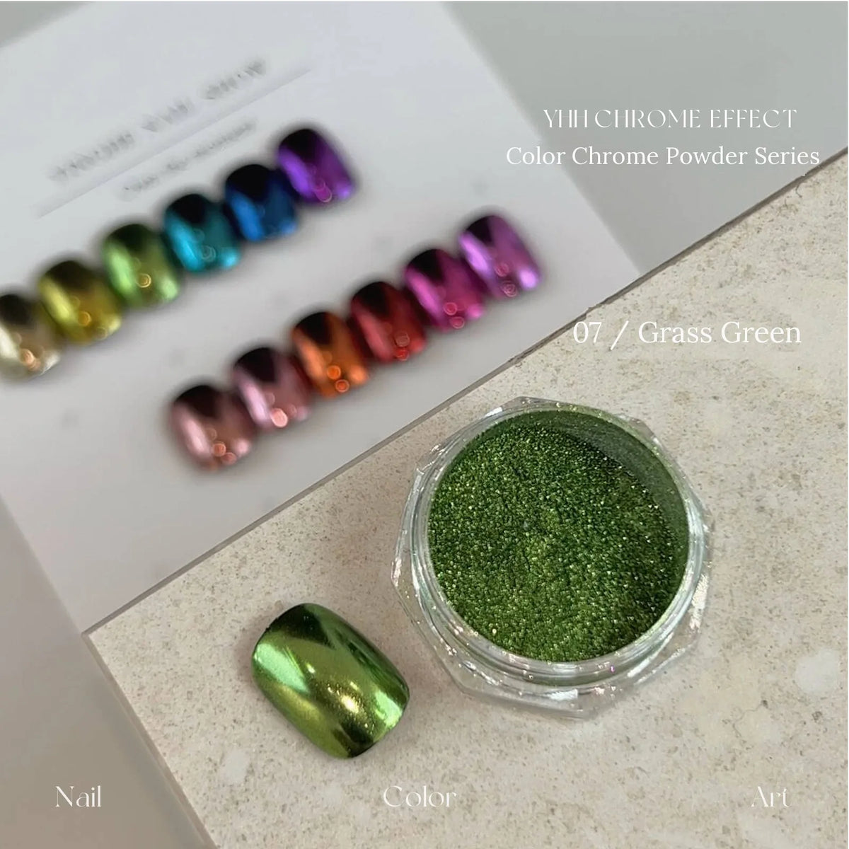 07 Grass Green: jar and chrome swatch tip