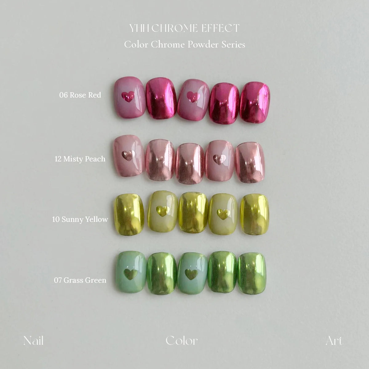 Heart nail designs in Rose Red, Misty Peach, Sunny Yellow and Grass Green chrome