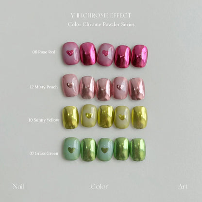 Heart nail designs in Rose Red, Misty Peach, Sunny Yellow and Grass Green chrome