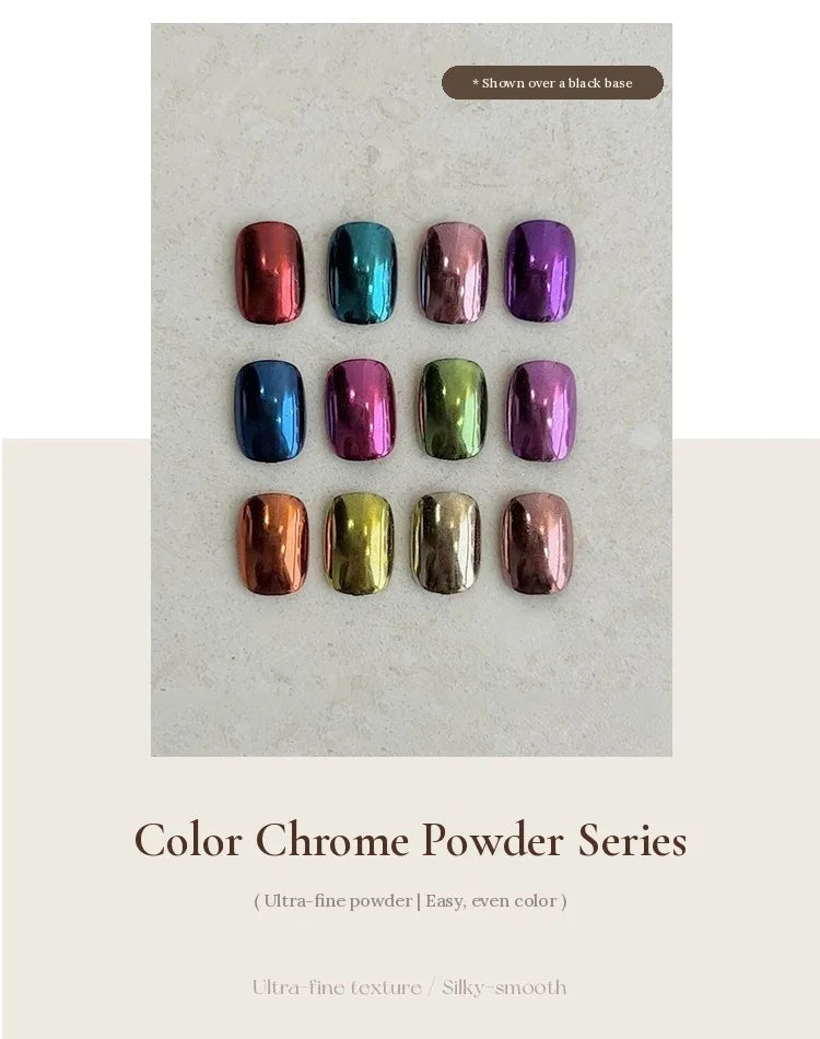 Color Chrome Powder Series: 12 chrome swatch tips shown over a black base
