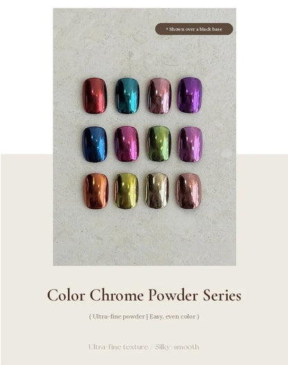 Color Chrome Powder Series: 12 chrome swatch tips shown over a black base