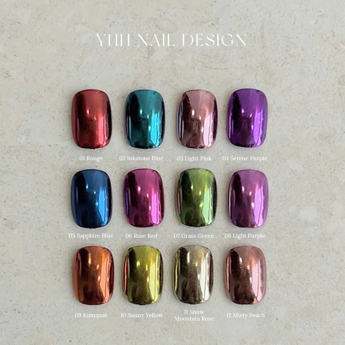 All 12 Color Chrome Powder shades on swatch tips, labelled 01–12