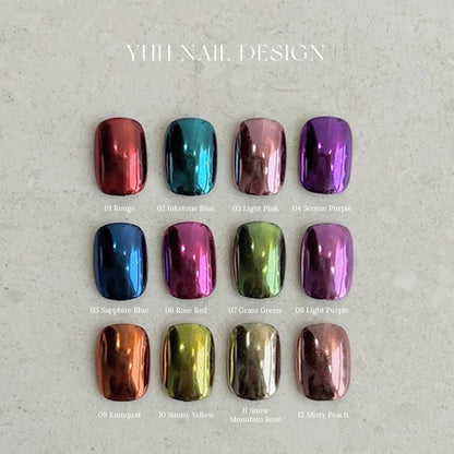 All 12 Color Chrome Powder shades on swatch tips, labelled 01–12