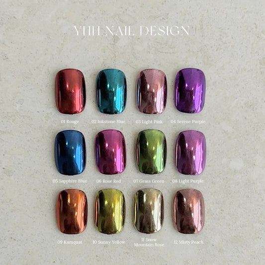 All 12 Color Chrome Powder shades on swatch tips, labelled 01–12