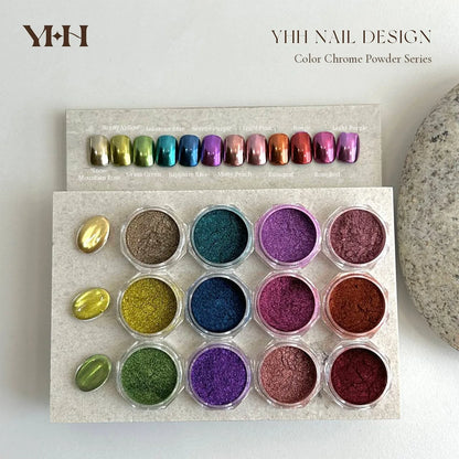 YHH Color Chrome Powder full set: 12 jars and a labelled tip lineup