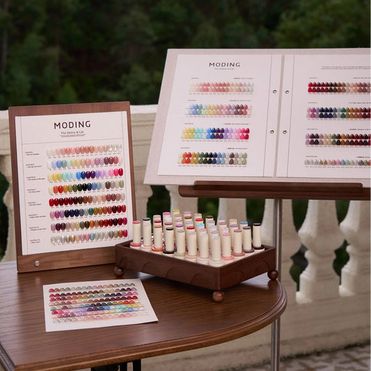 Moding Ebony & Cat color gel collection displayed with shade boards