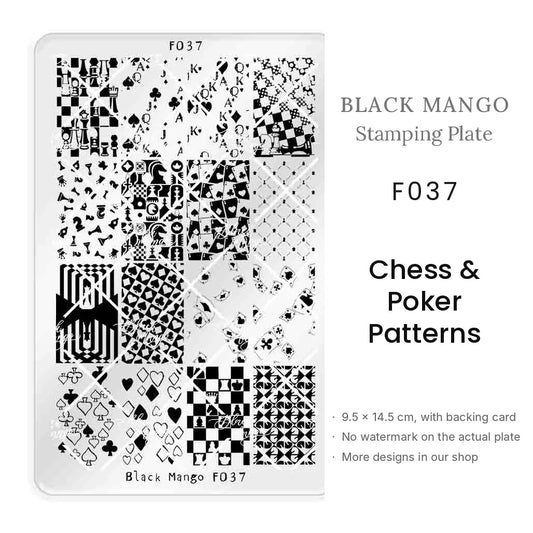Black Mango F037 Chess & Poker Patterns nail stamping plate, 9.5 × 14.5 cm
