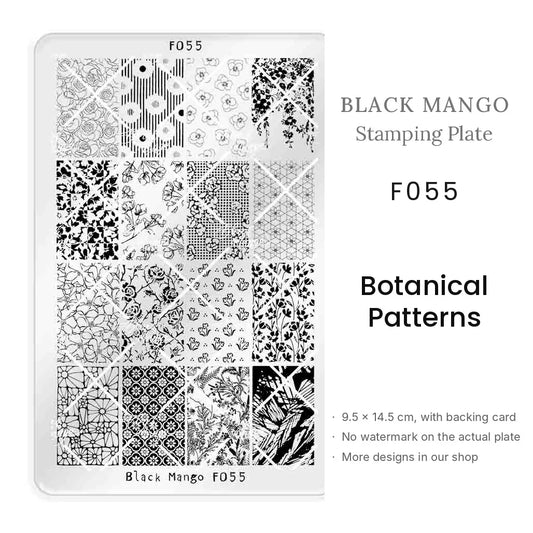 Black Mango F055 Botanical Patterns nail stamping plate, 9.5 × 14.5 cm
